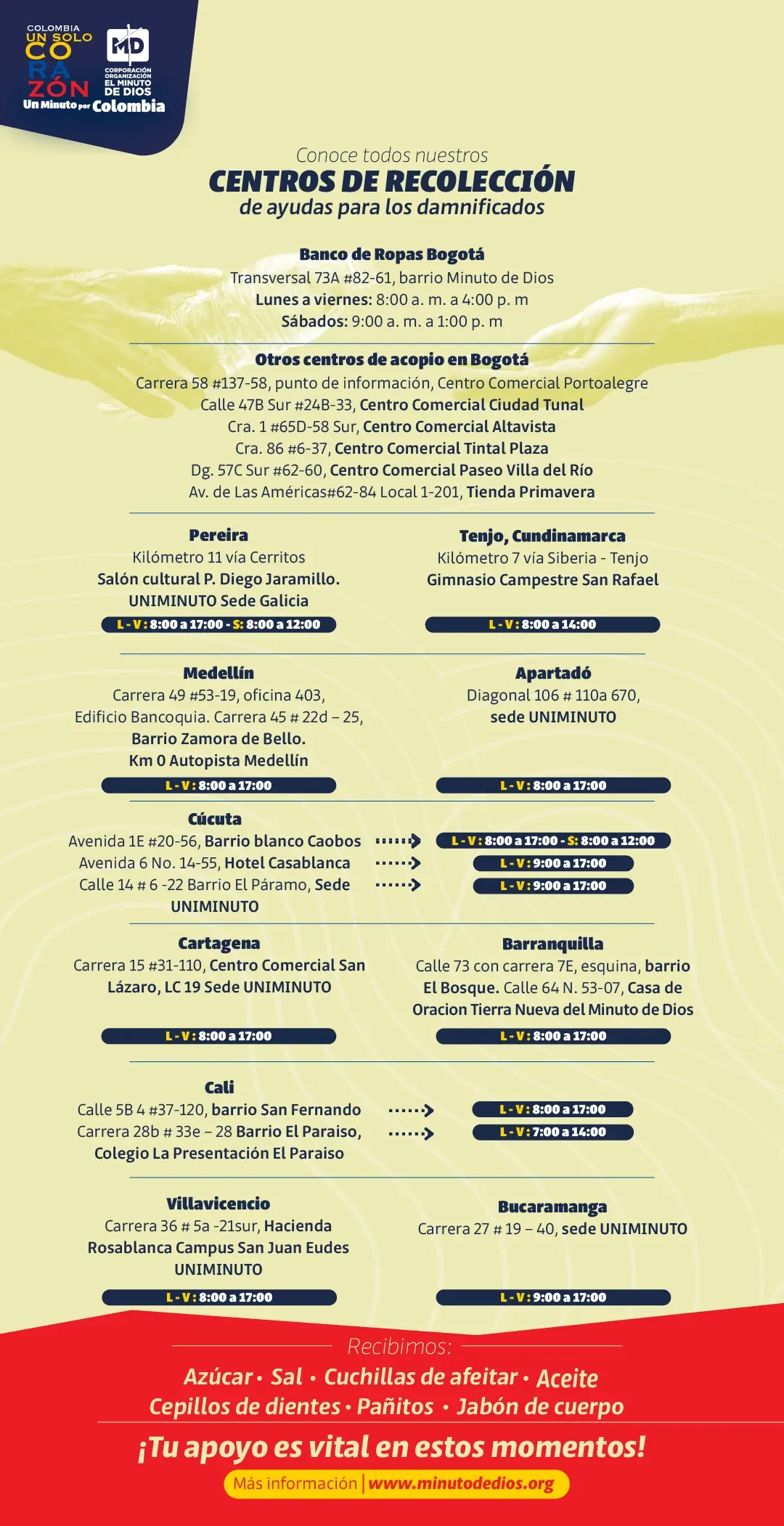 Centros de recolección de ayudas del Minuto de Dios: direcciones y horarios de los puntos de acopio en Colombia.
